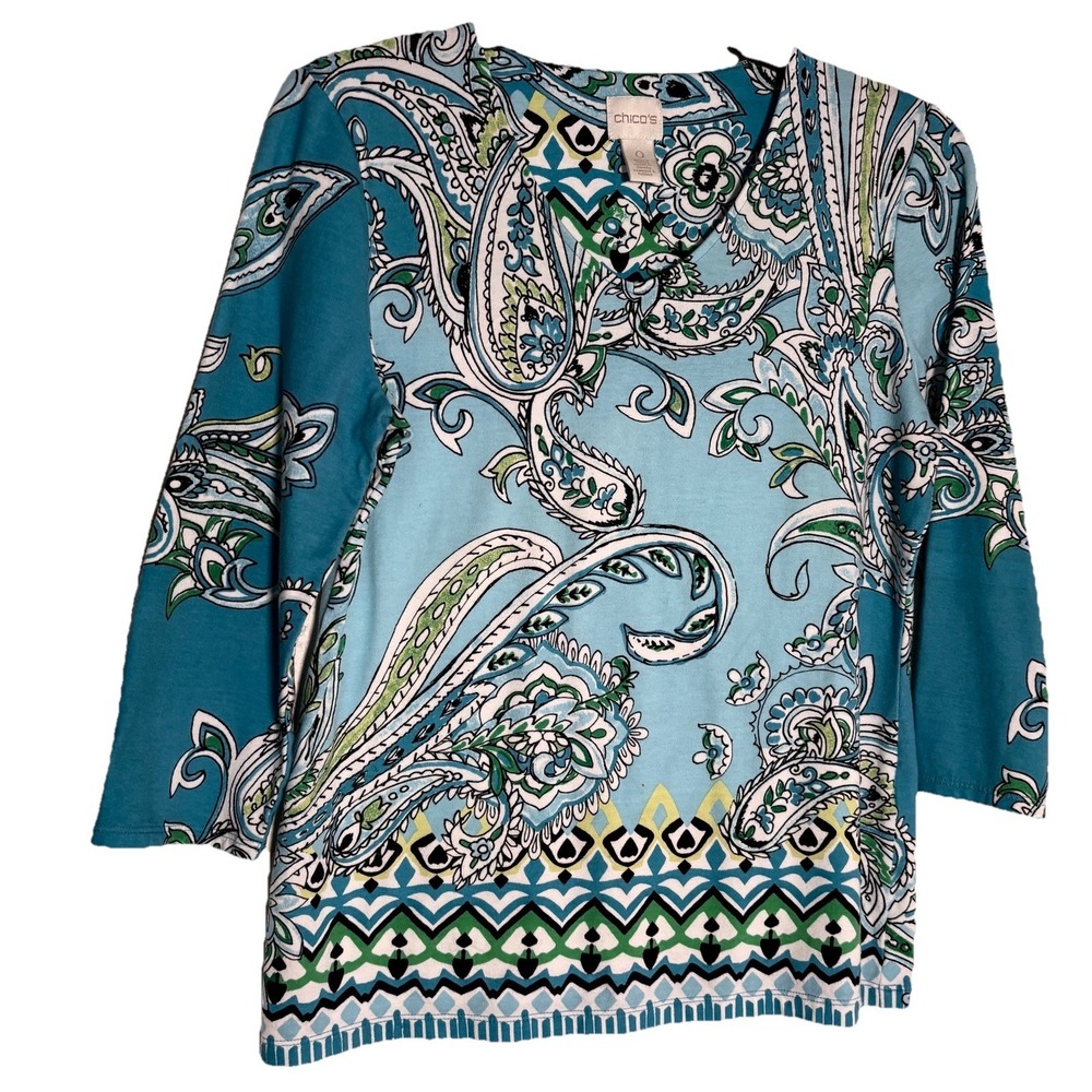 Chico's Turquoise Paisley Mosaic T-Shirt Blouse Sz0 Casual Work Vacation Boho